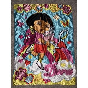 Vintage‎ Dora The Explorer Satin  Throw Blanket Multicolored Pink Back 50x40